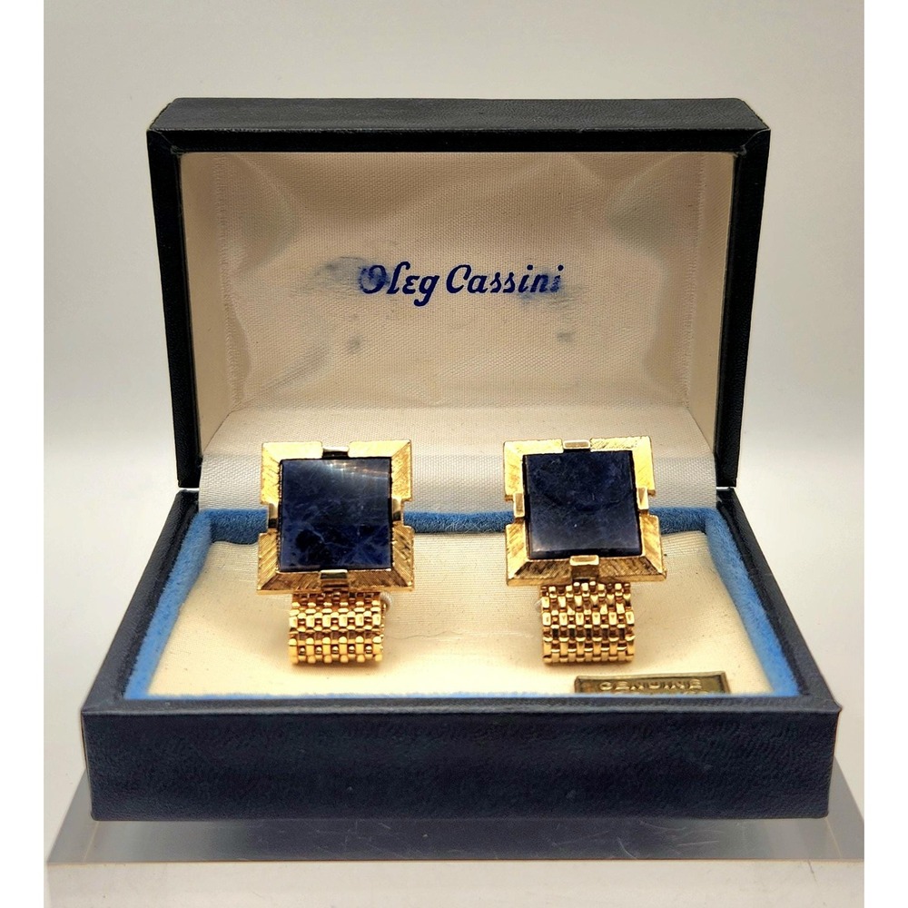 Vintage Oleg Cassini Sodalite Cufflinks Gold Tone Mesh Designer Original Box